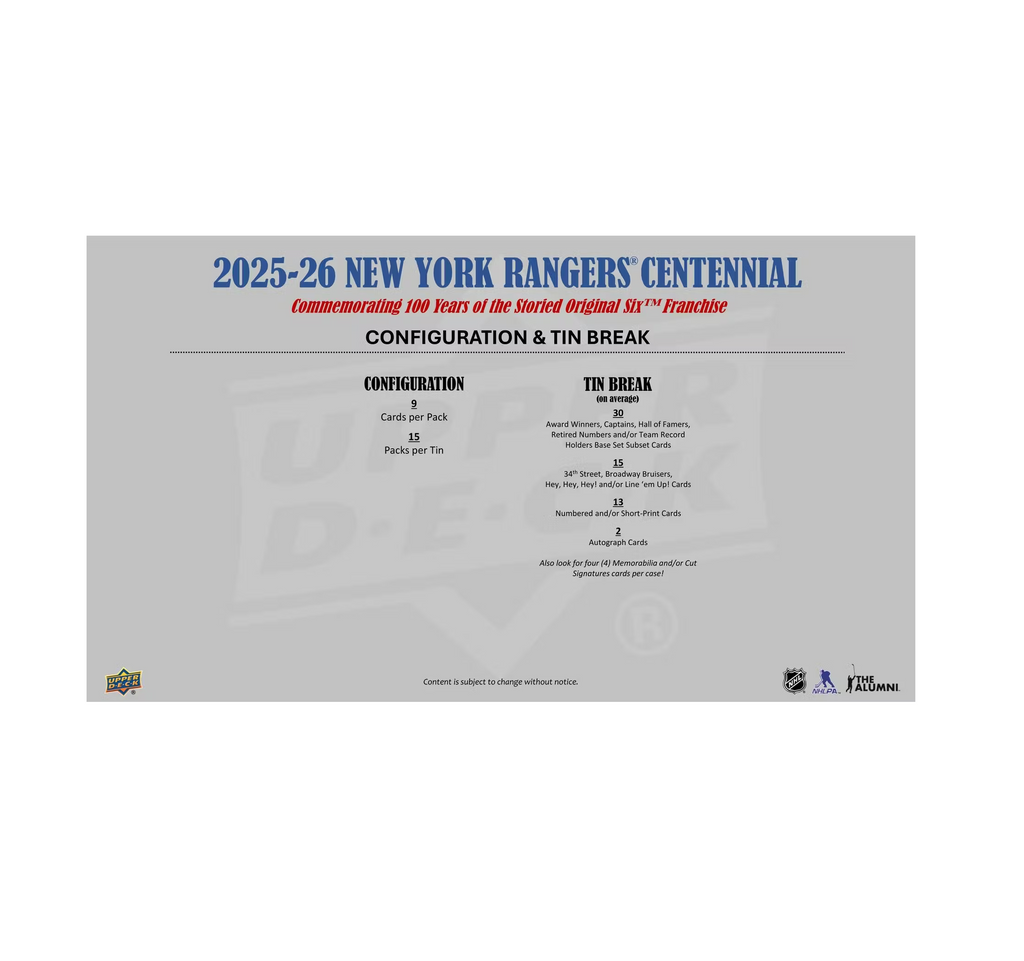 2025-26UpperDeckNewYorkRangersCentennialHockeyHobbyBox8-1